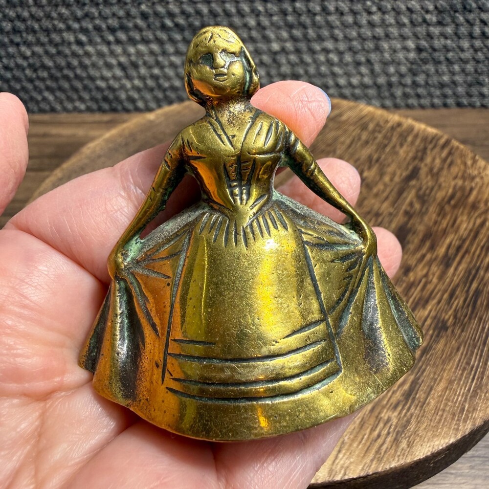 Vintage Lady Brass Hand Bell Antebellum Bonnet Dress Dinner Table Figurine 2"